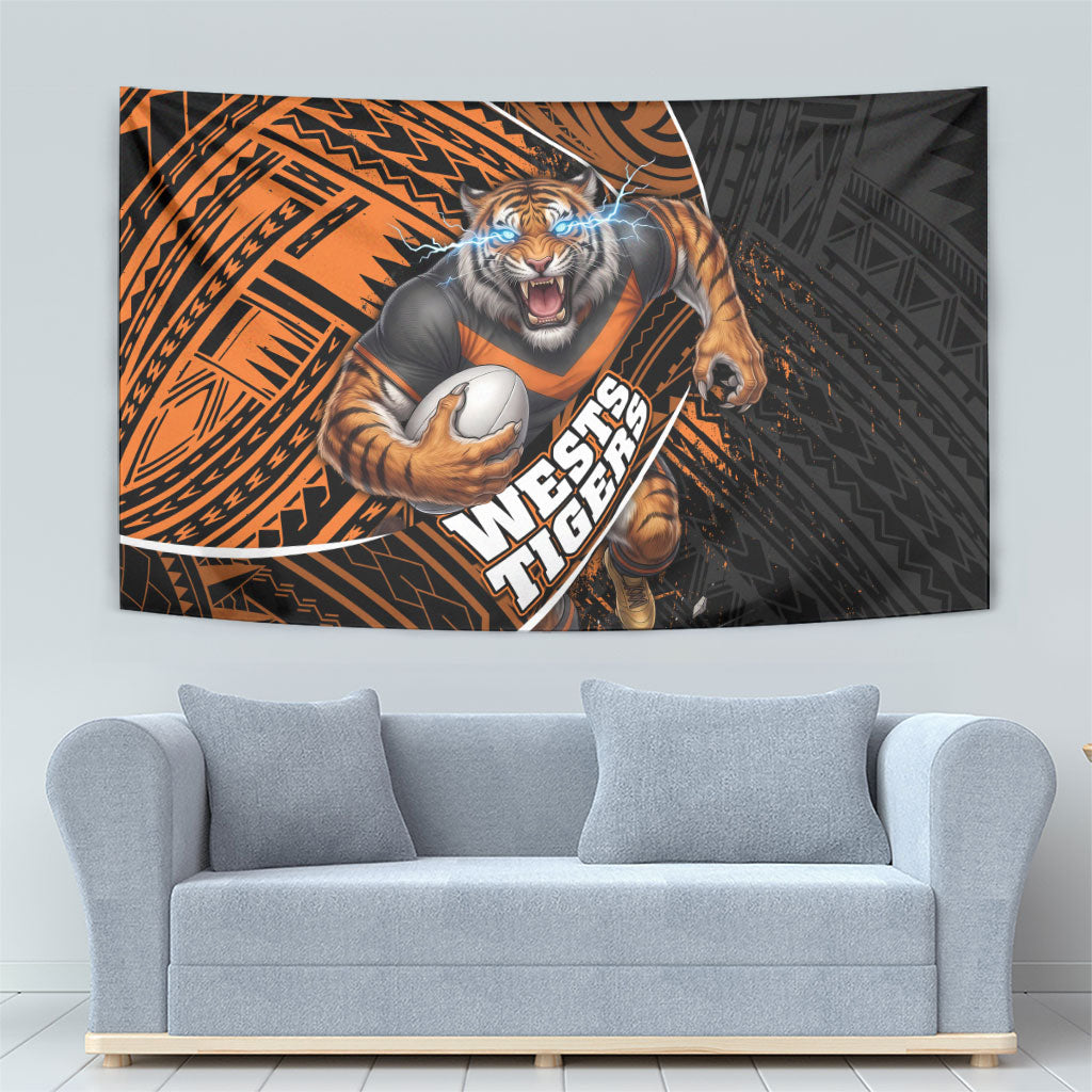 Wests Tigers Rugby Tapestry Tribal Polynesian Power Art - Lightning Mascot
