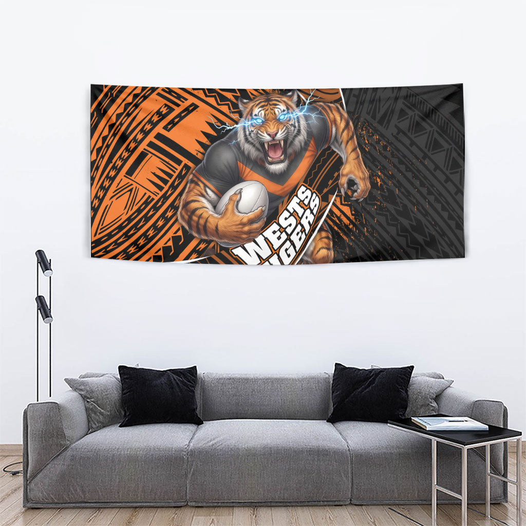Wests Tigers Rugby Tapestry Tribal Polynesian Power Art - Lightning Mascot