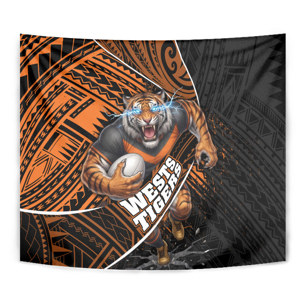 Wests Tigers Rugby Tapestry Tribal Polynesian Power Art - Lightning Mascot