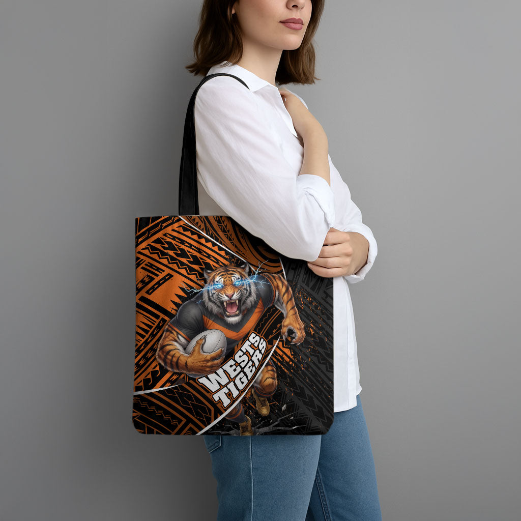 Wests Tigers Rugby Tote Bag Tribal Polynesian Power Art - Lightning Mascot
