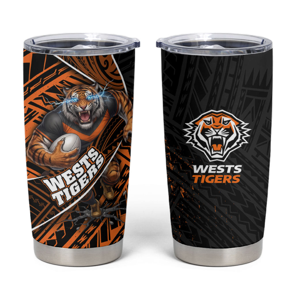 Wests Tigers Rugby Tumbler Cup Tribal Polynesian Power Art - Lightning Mascot