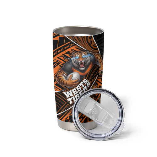 Wests Tigers Rugby Tumbler Cup Tribal Polynesian Power Art - Lightning Mascot