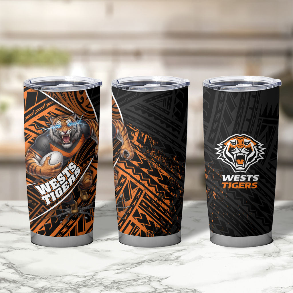 Wests Tigers Rugby Tumbler Cup Tribal Polynesian Power Art - Lightning Mascot