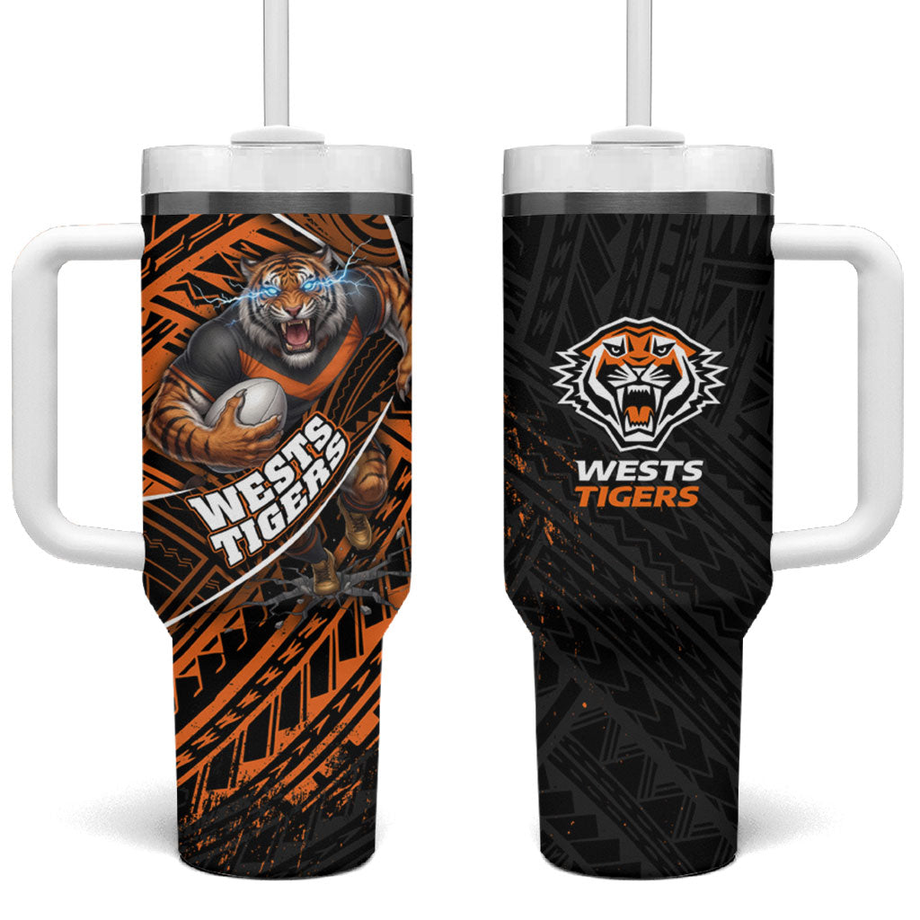 Wests Tigers Rugby Tumbler With Handle Tribal Polynesian Power Art - Lightning Mascot