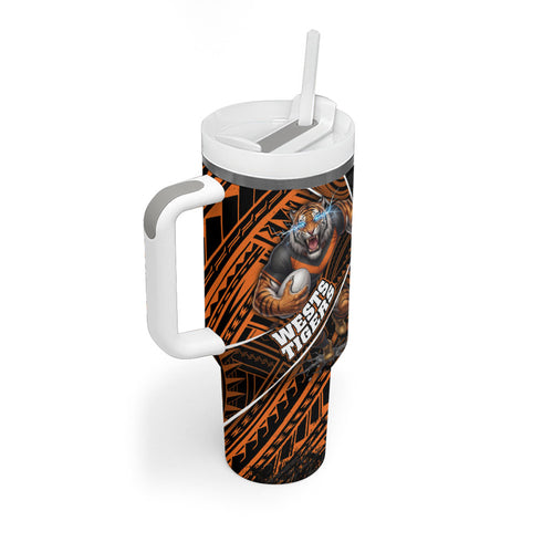 Wests Tigers Rugby Tumbler With Handle Tribal Polynesian Power Art - Lightning Mascot