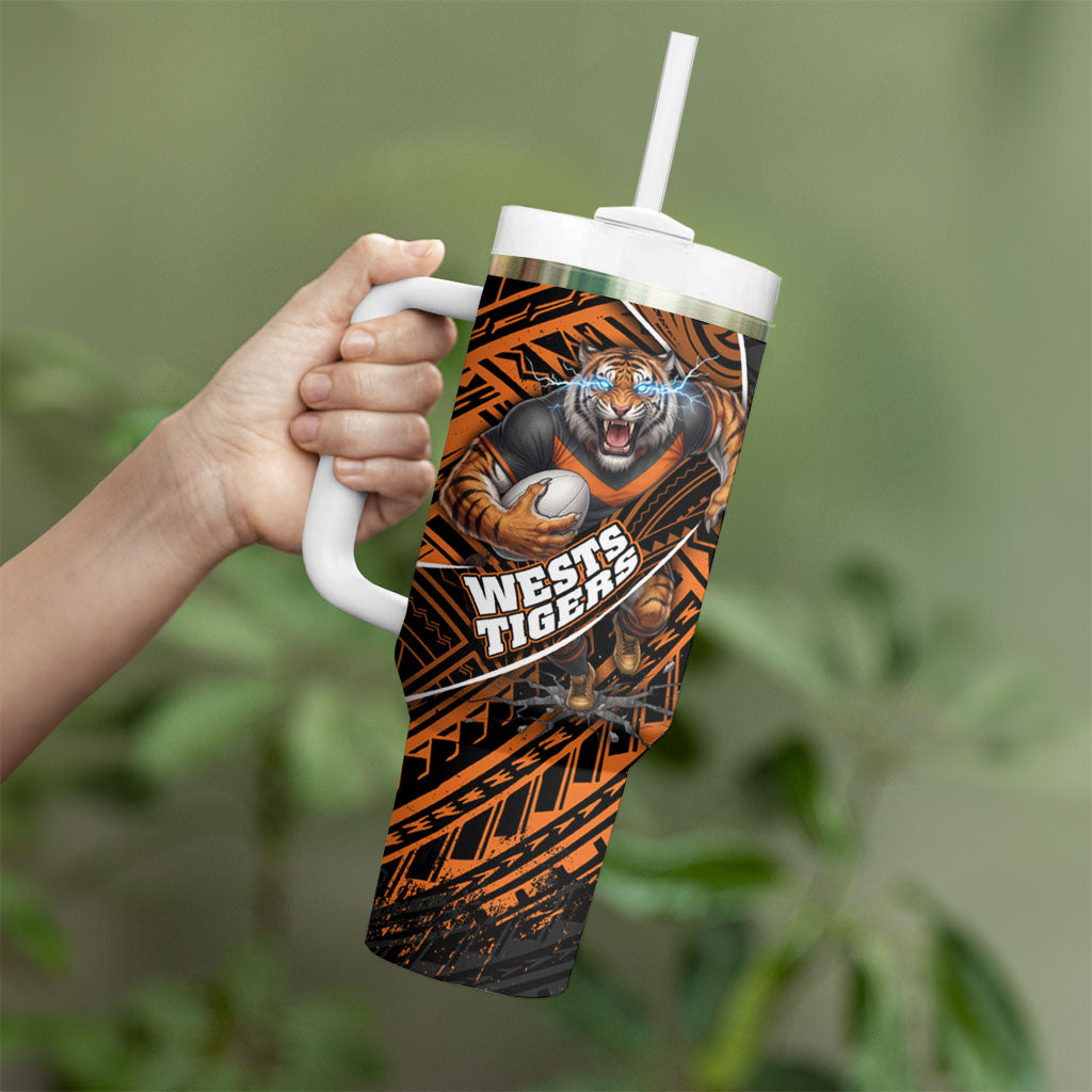 Wests Tigers Rugby Tumbler With Handle Tribal Polynesian Power Art - Lightning Mascot