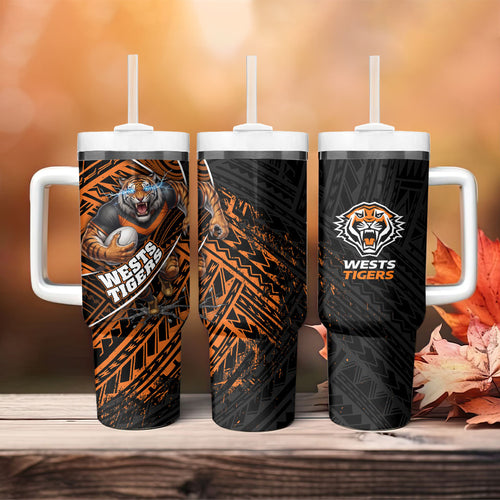 Wests Tigers Rugby Tumbler With Handle Tribal Polynesian Power Art - Lightning Mascot