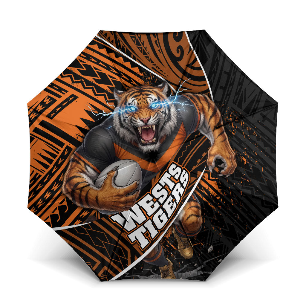 Wests Tigers Rugby Umbrella Tribal Polynesian Power Art - Lightning Mascot