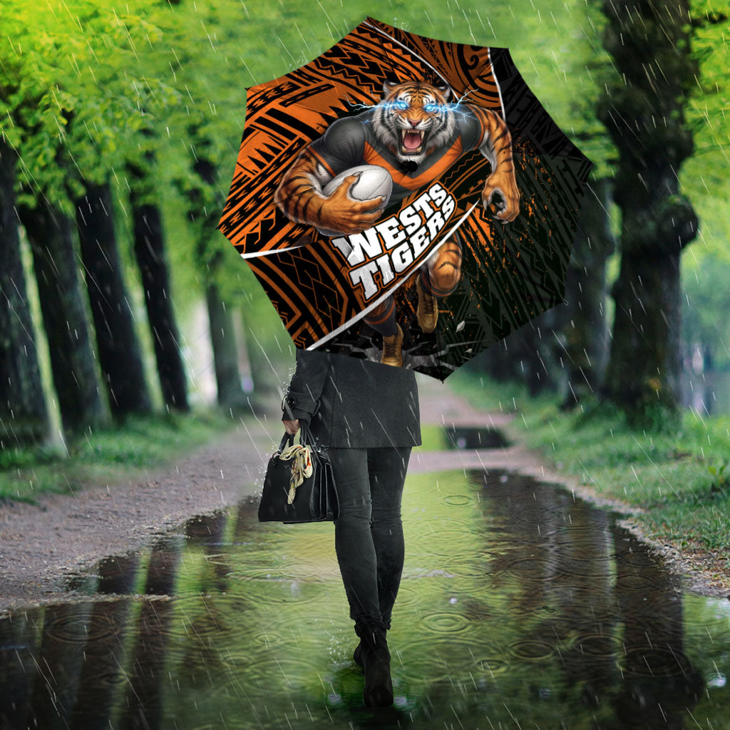 Wests Tigers Rugby Umbrella Tribal Polynesian Power Art - Lightning Mascot
