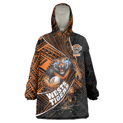 Wests Tigers Rugby Wearable Blanket Hoodie Tribal Polynesian Power Art - Lightning Mascot