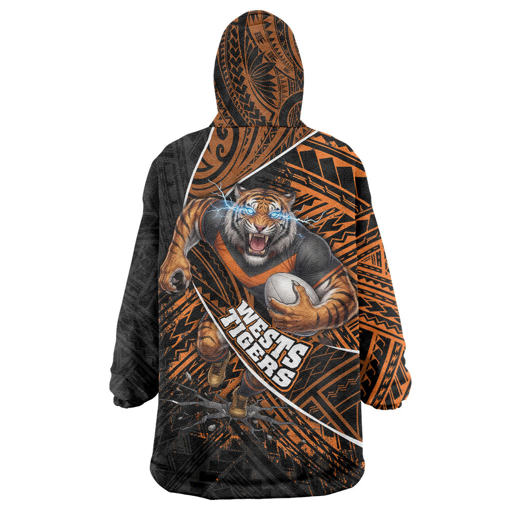 Wests Tigers Rugby Wearable Blanket Hoodie Tribal Polynesian Power Art - Lightning Mascot
