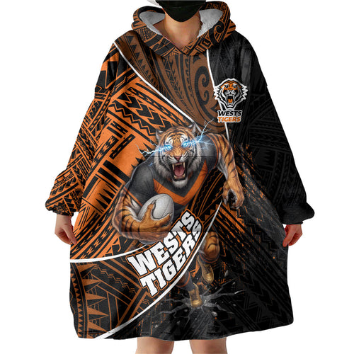 Wests Tigers Rugby Wearable Blanket Hoodie Tribal Polynesian Power Art - Lightning Mascot