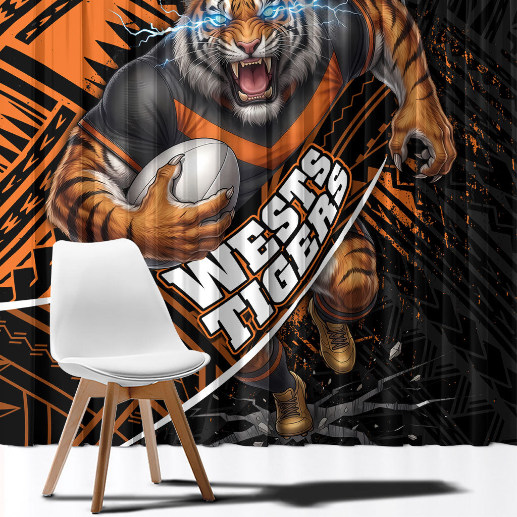Wests Tigers Rugby Window Curtain Tribal Polynesian Power Art - Lightning Mascot