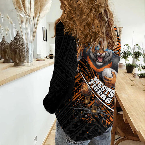 Wests Tigers Rugby Women Casual Shirt Tribal Polynesian Power Art - Lightning Mascot