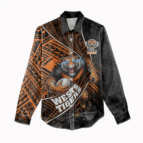 Wests Tigers Rugby Women Casual Shirt Tribal Polynesian Power Art - Lightning Mascot