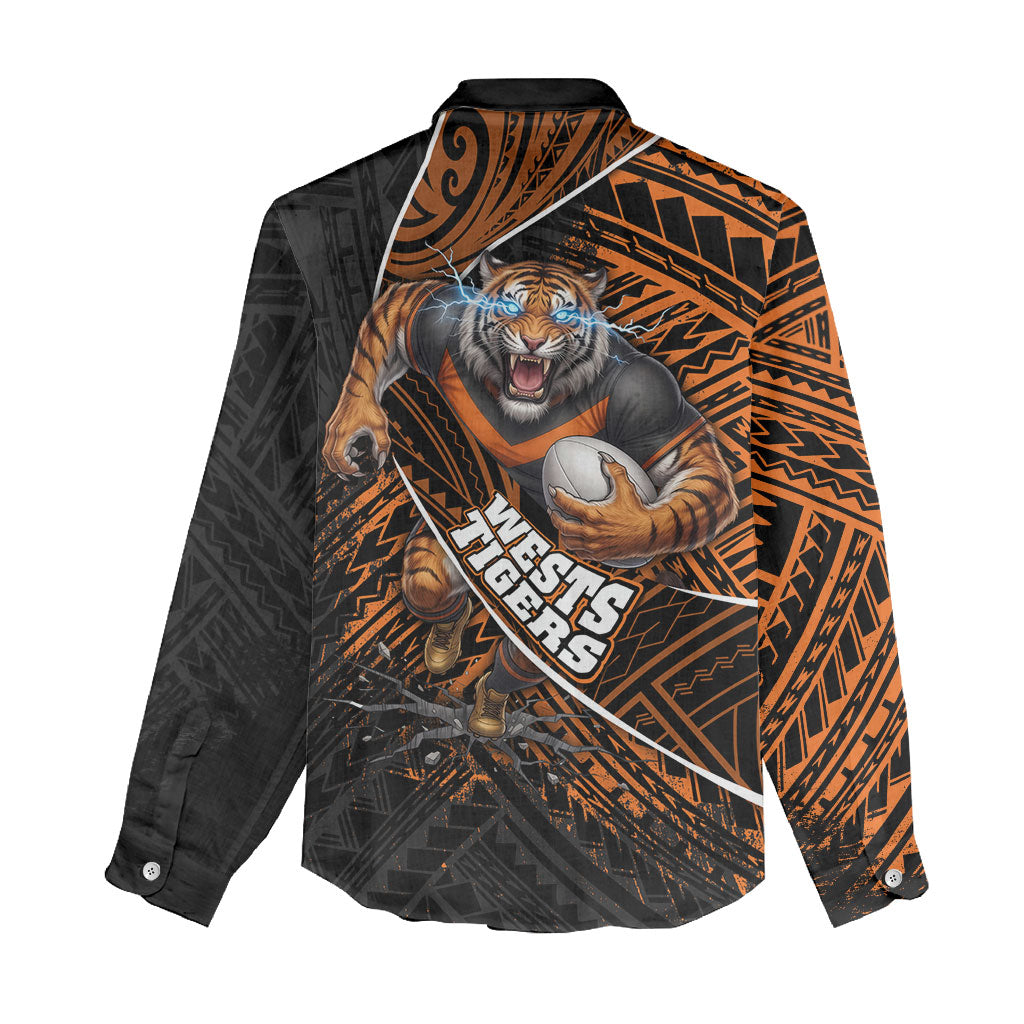 Wests Tigers Rugby Women Casual Shirt Tribal Polynesian Power Art - Lightning Mascot