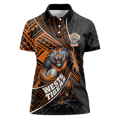 Wests Tigers Rugby Women Polo Shirt Tribal Polynesian Power Art - Lightning Mascot
