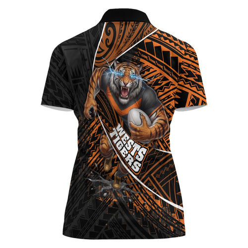 Wests Tigers Rugby Women Polo Shirt Tribal Polynesian Power Art - Lightning Mascot
