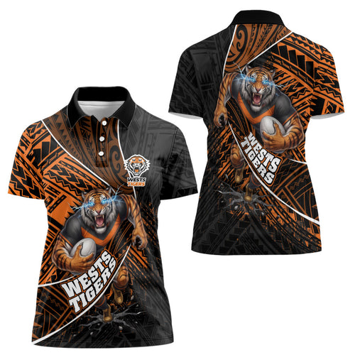 Wests Tigers Rugby Women Polo Shirt Tribal Polynesian Power Art - Lightning Mascot