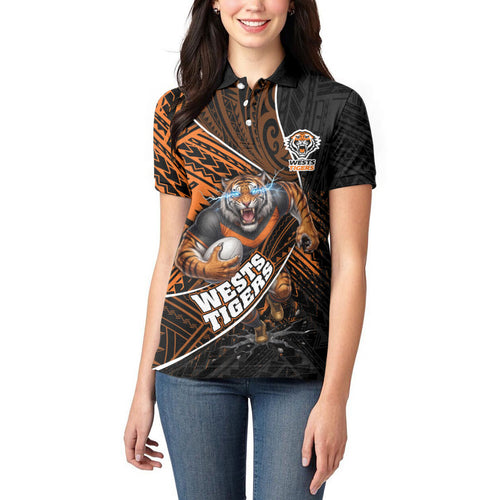 Wests Tigers Rugby Women Polo Shirt Tribal Polynesian Power Art - Lightning Mascot