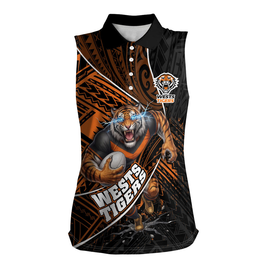 Wests Tigers Rugby Women Sleeveless Polo Shirt Tribal Polynesian Power Art - Lightning Mascot