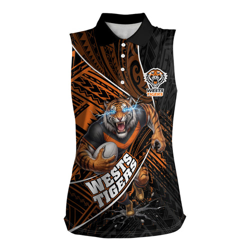Wests Tigers Rugby Women Sleeveless Polo Shirt Tribal Polynesian Power Art - Lightning Mascot