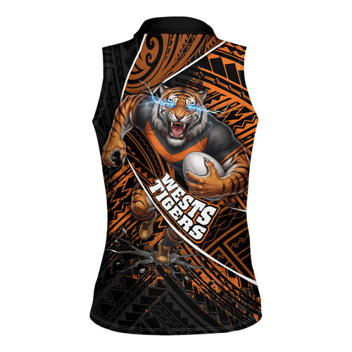 Wests Tigers Rugby Women Sleeveless Polo Shirt Tribal Polynesian Power Art - Lightning Mascot