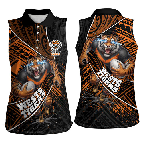 Wests Tigers Rugby Women Sleeveless Polo Shirt Tribal Polynesian Power Art - Lightning Mascot