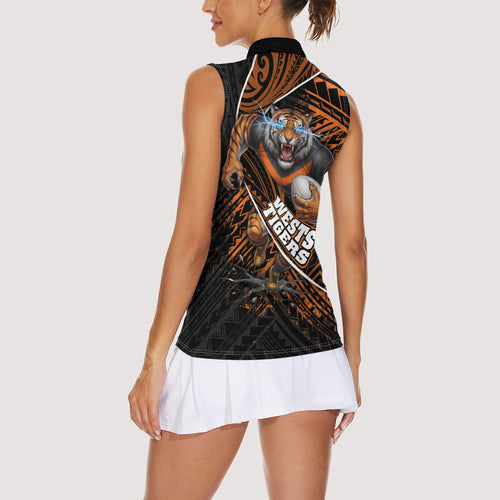 Wests Tigers Rugby Women Sleeveless Polo Shirt Tribal Polynesian Power Art - Lightning Mascot