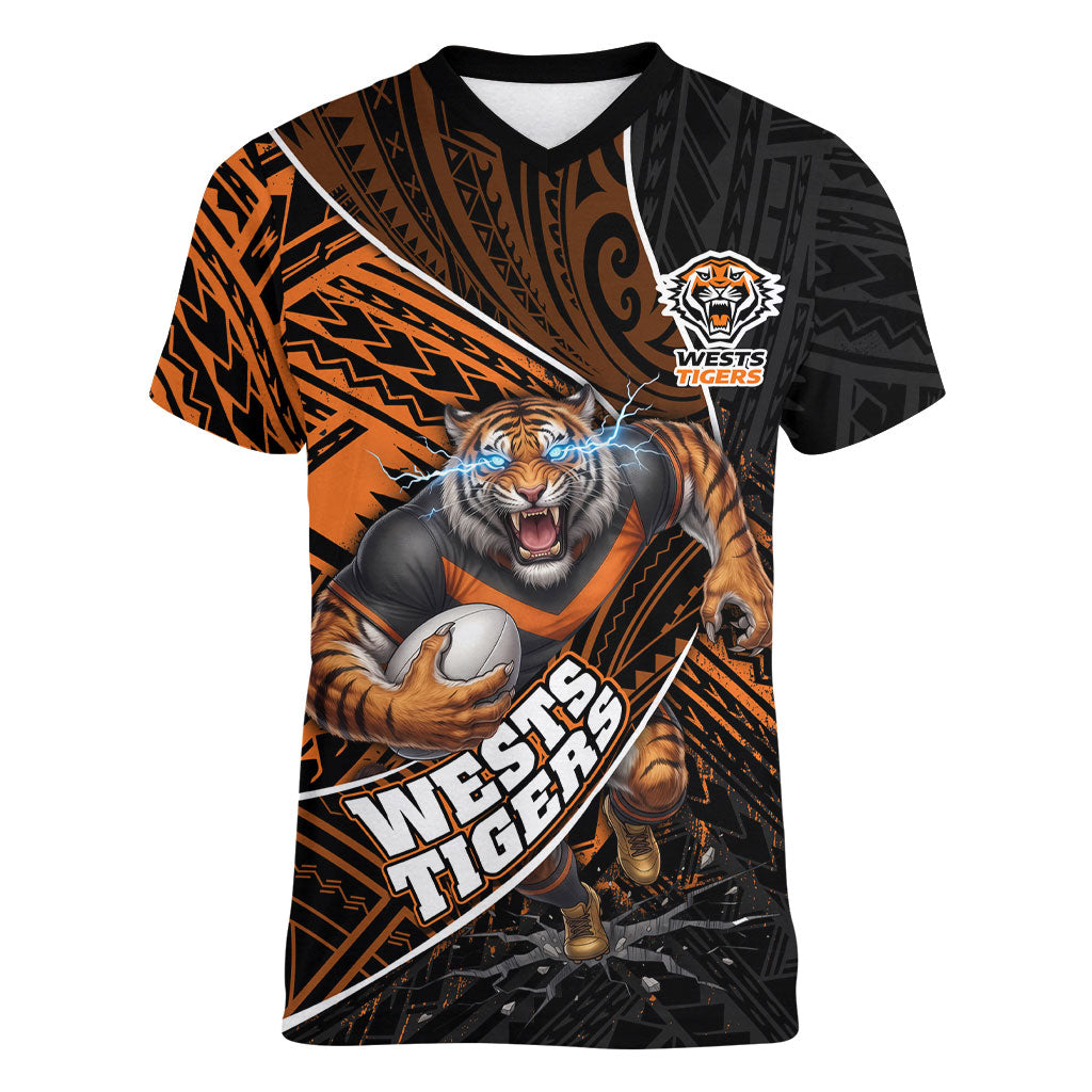 Wests Tigers Rugby Women V-Neck T-Shirt Tribal Polynesian Power Art - Lightning Mascot