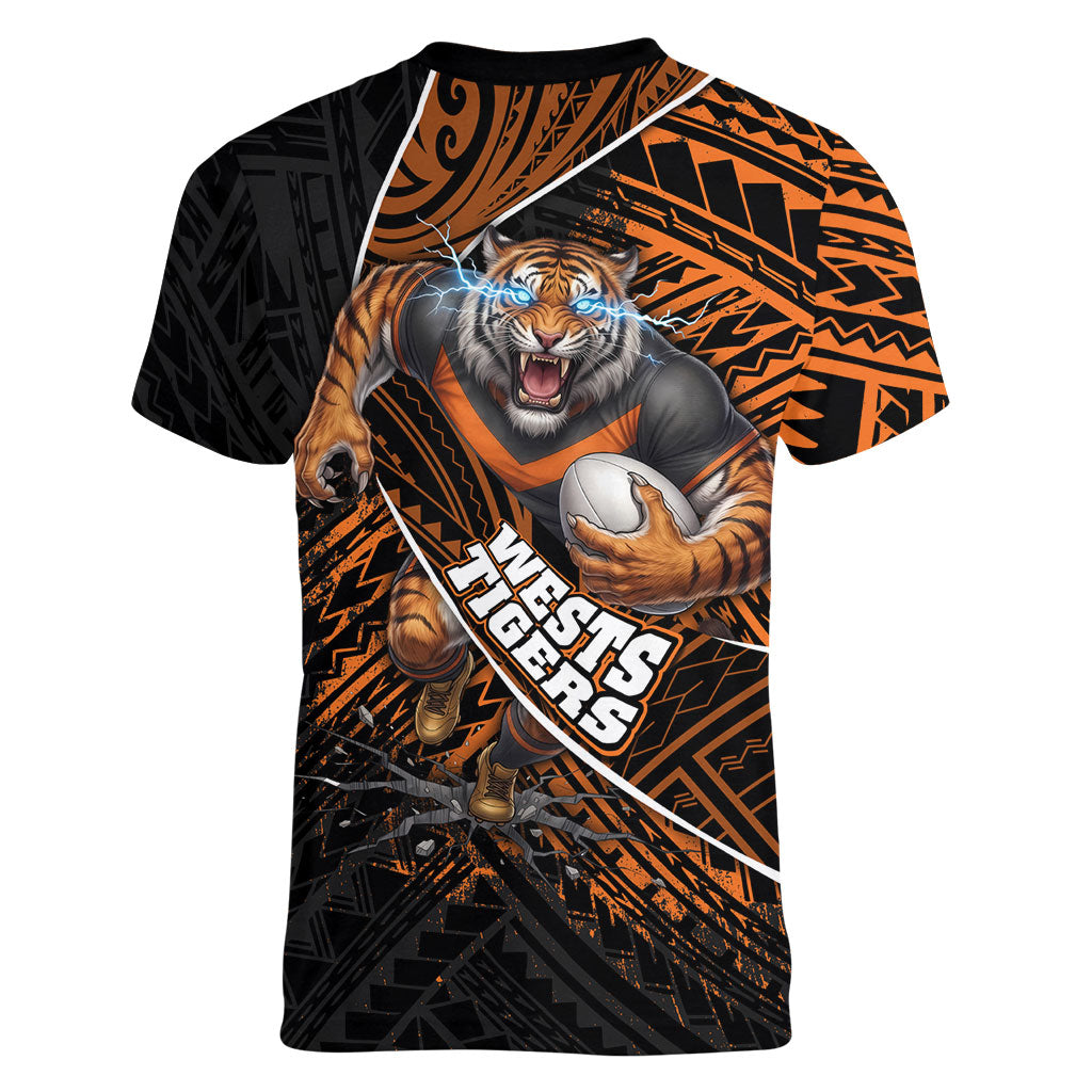 Wests Tigers Rugby Women V-Neck T-Shirt Tribal Polynesian Power Art - Lightning Mascot