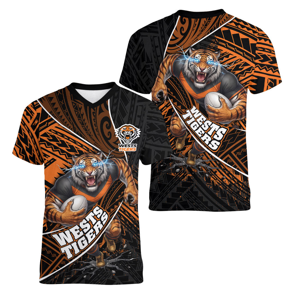 Wests Tigers Rugby Women V-Neck T-Shirt Tribal Polynesian Power Art - Lightning Mascot