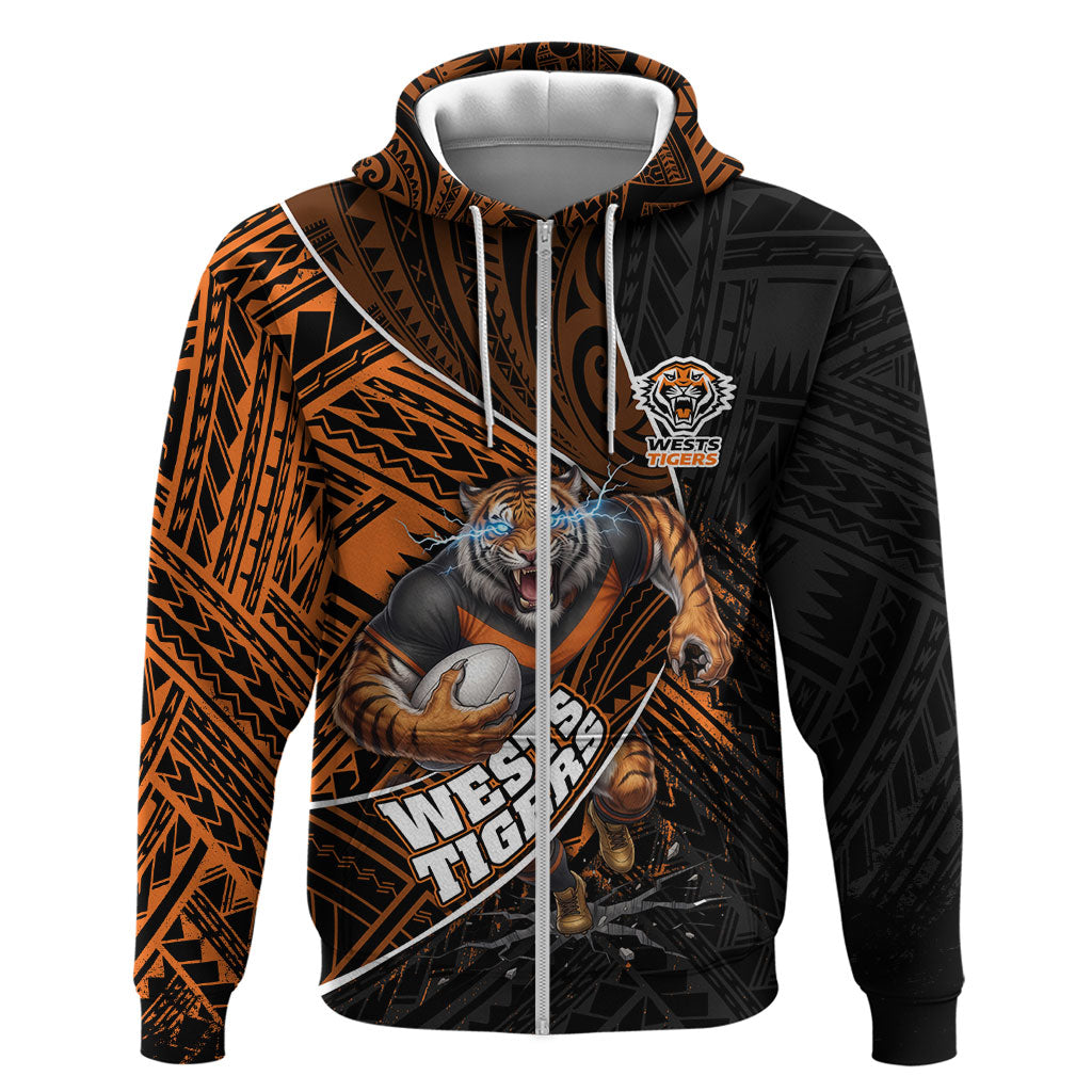 Wests Tigers Rugby Zip Hoodie Tribal Polynesian Power Art - Lightning Mascot