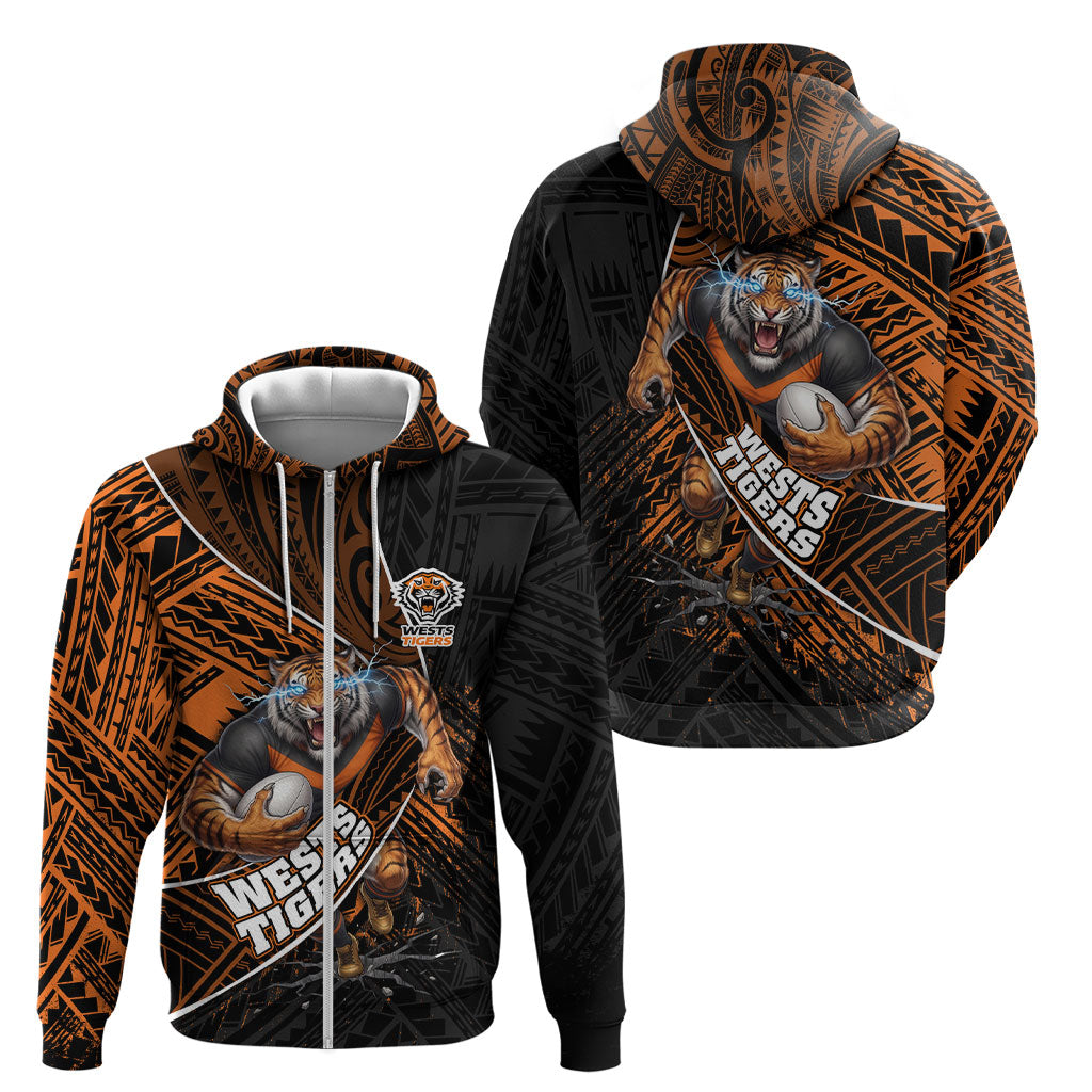 Wests Tigers Rugby Zip Hoodie Tribal Polynesian Power Art - Lightning Mascot