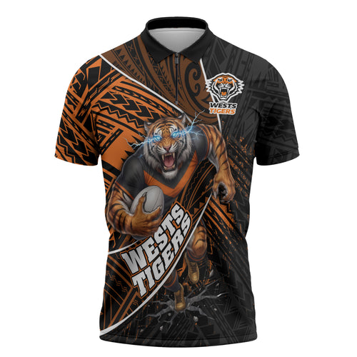 Wests Tigers Rugby Zipper Polo Shirt Tribal Polynesian Power Art - Lightning Mascot