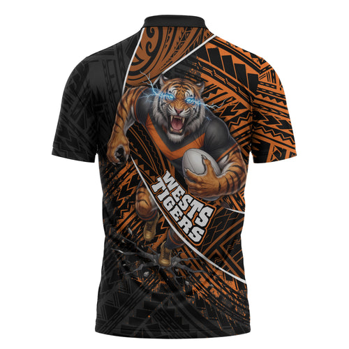 Wests Tigers Rugby Zipper Polo Shirt Tribal Polynesian Power Art - Lightning Mascot