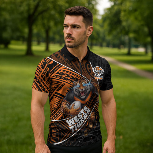 Wests Tigers Rugby Zipper Polo Shirt Tribal Polynesian Power Art - Lightning Mascot