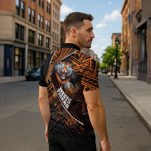 Wests Tigers Rugby Zipper Polo Shirt Tribal Polynesian Power Art - Lightning Mascot