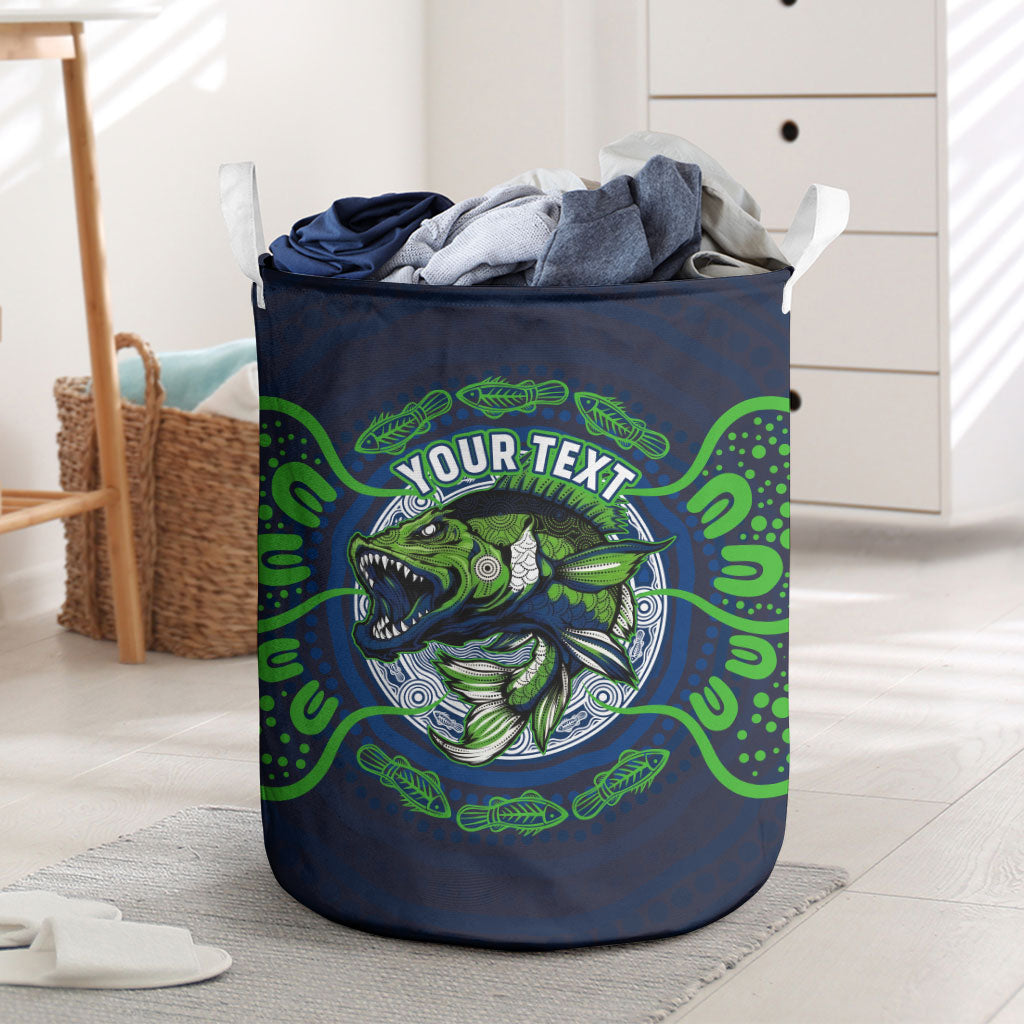 Personalised Barramundi Fishing Laundry Basket Aboriginal Dot Art Fierce Fish