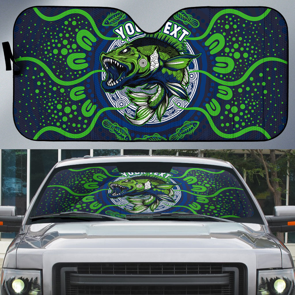 Personalised Barramundi Fishing Auto Sun Shade Aboriginal Dot Art Fierce Fish