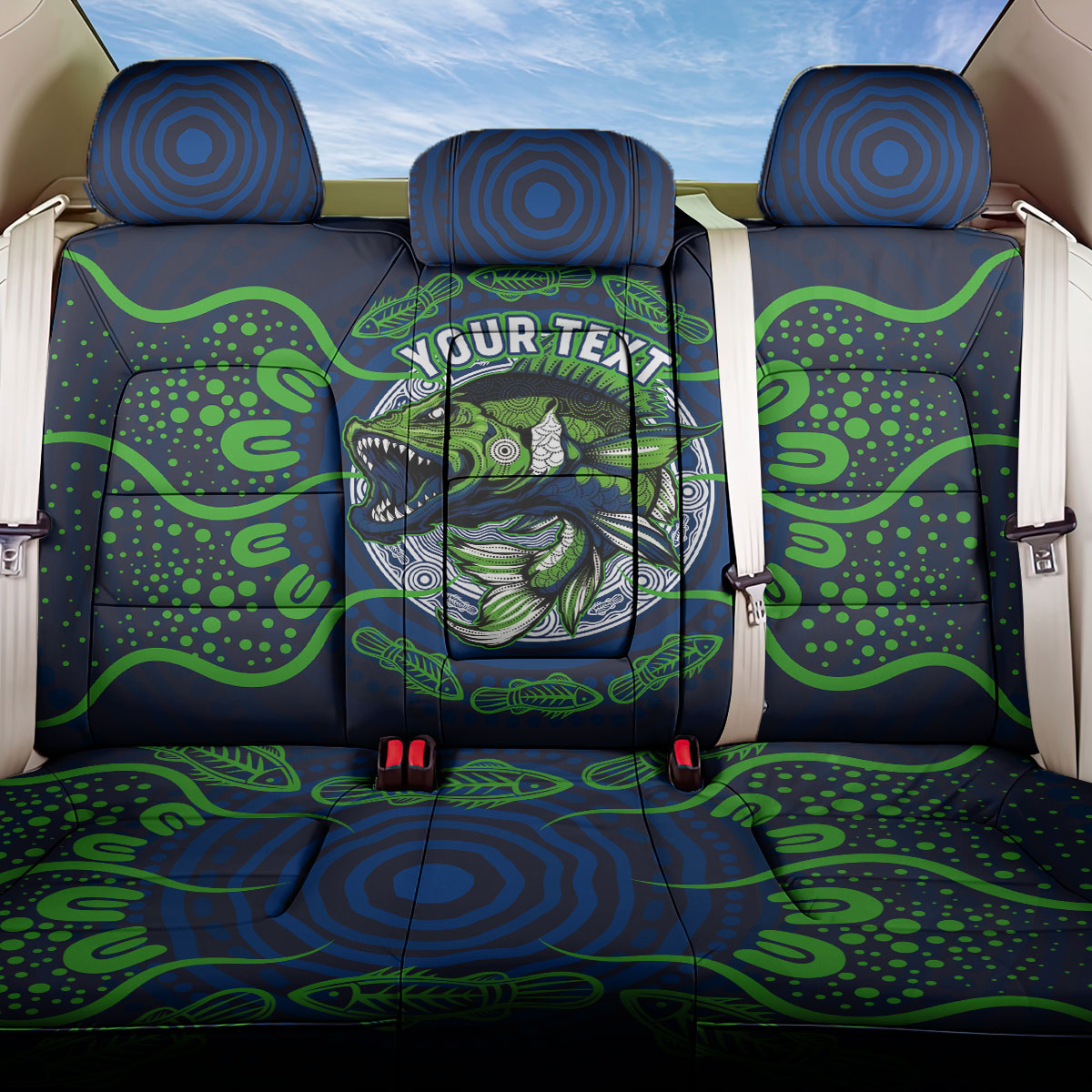 Personalised Barramundi Fishing Back Car Seat Cover Aboriginal Dot Art Fierce Fish