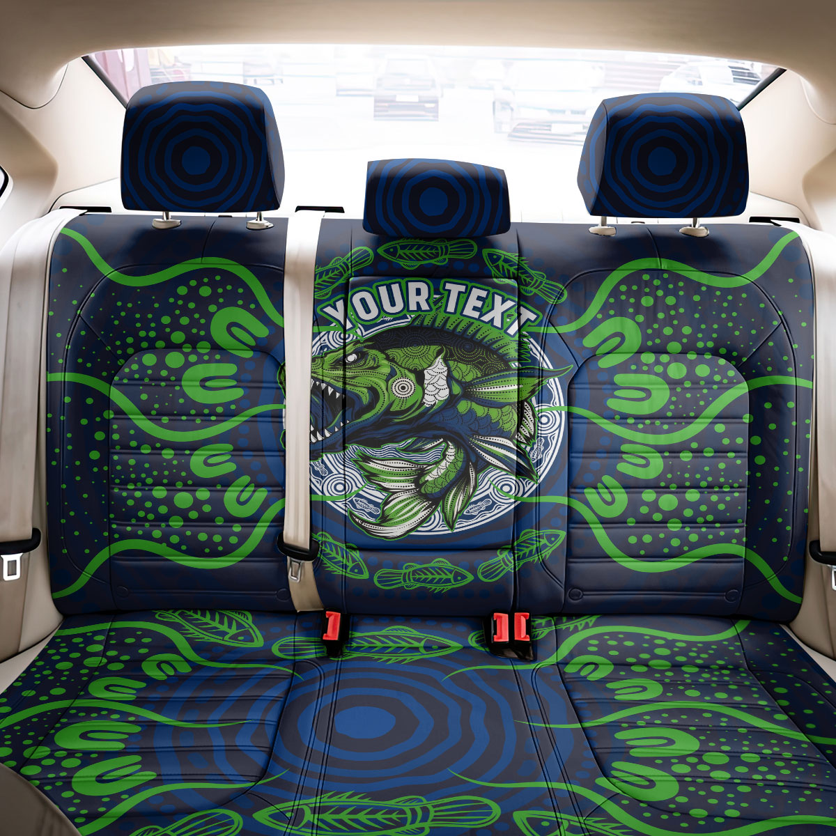 Personalised Barramundi Fishing Back Car Seat Cover Aboriginal Dot Art Fierce Fish