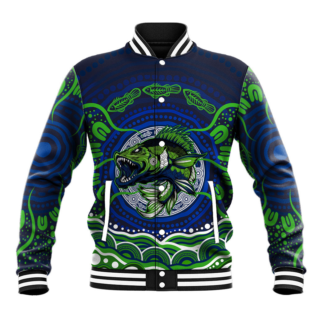 Personalised Barramundi Fishing Baseball Jacket Aboriginal Dot Art Fierce Fish