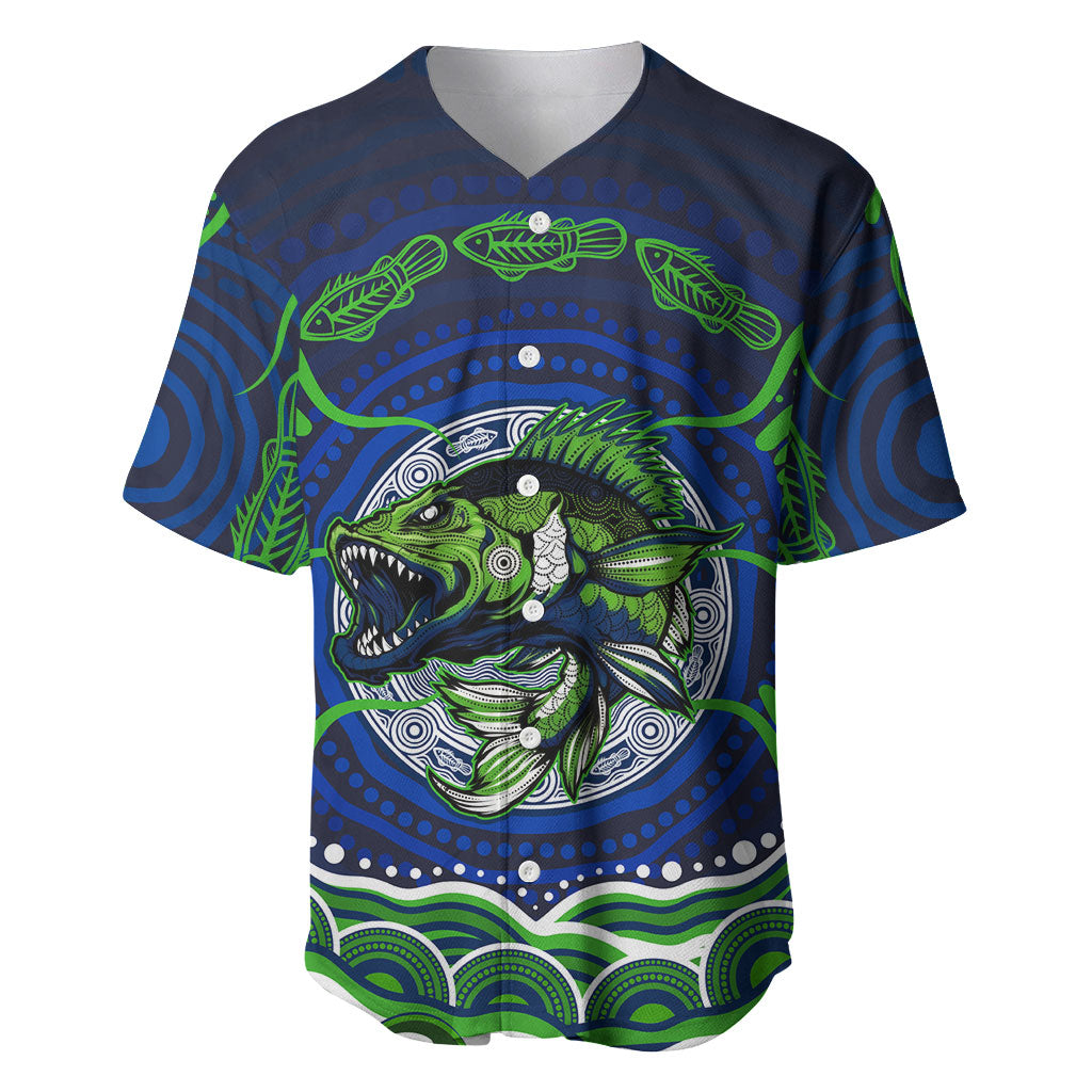Personalised Barramundi Fishing Baseball Jersey Aboriginal Dot Art Fierce Fish