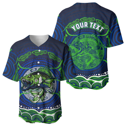 Personalised Barramundi Fishing Baseball Jersey Aboriginal Dot Art Fierce Fish