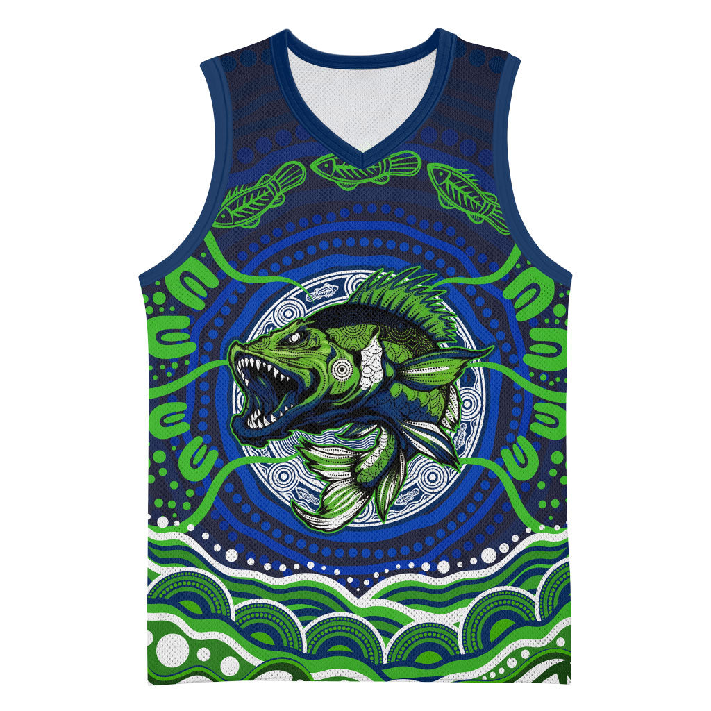 Personalised Barramundi Fishing Basketball Jersey Aboriginal Dot Art Fierce Fish