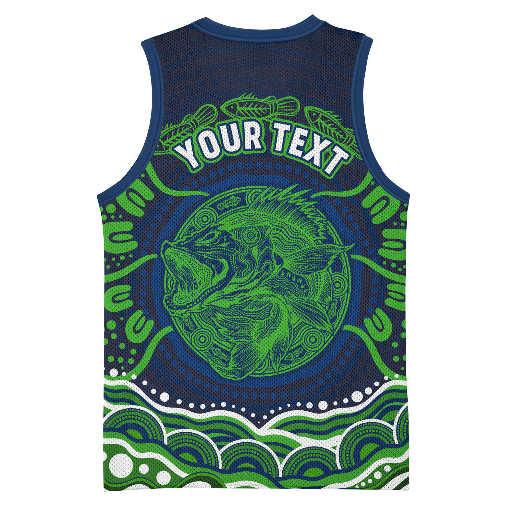 Personalised Barramundi Fishing Basketball Jersey Aboriginal Dot Art Fierce Fish