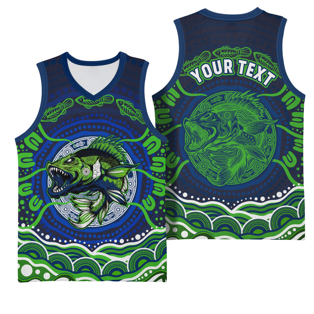 Personalised Barramundi Fishing Basketball Jersey Aboriginal Dot Art Fierce Fish