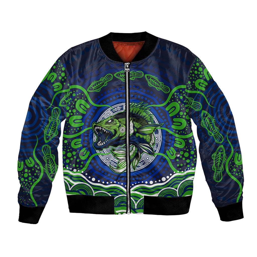 Personalised Barramundi Fishing Bomber Jacket Aboriginal Dot Art Fierce Fish
