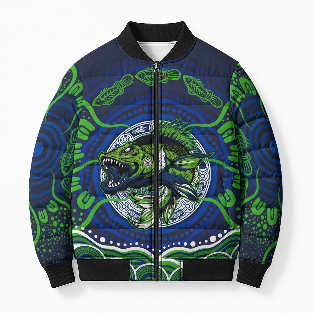 Personalised Barramundi Fishing Bomber Puffer Jacket Aboriginal Dot Art Fierce Fish